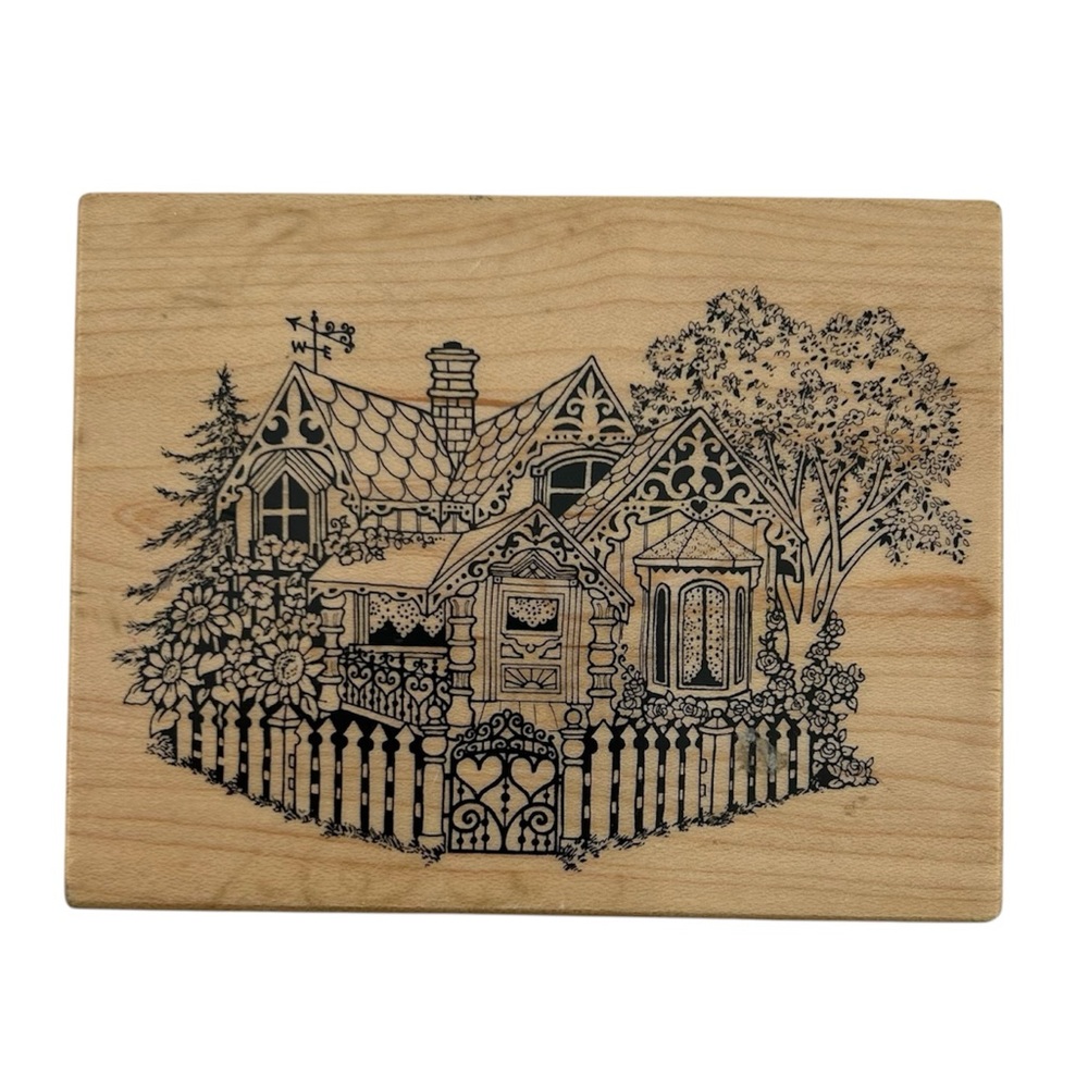 Summer Victorian House Scene Wood Mounted Rubber Stamp by PSX